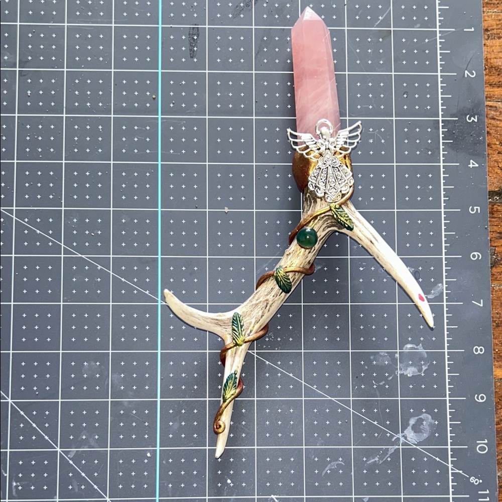 Rose Quartz Crystal Wand with Decorative Antler Handle